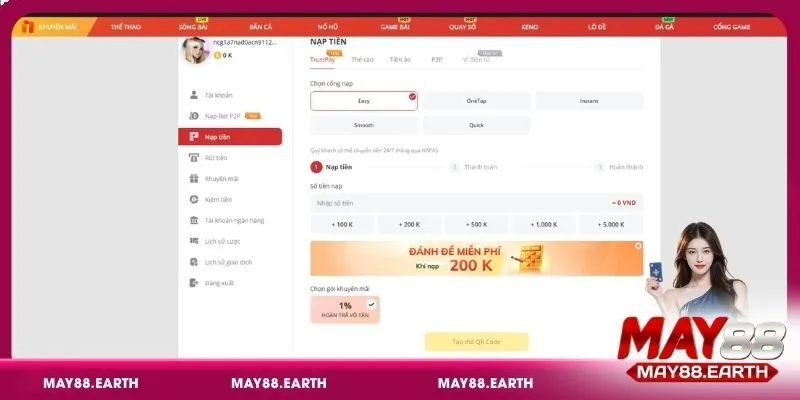 Bước 1: Đăng ký tài khoản May88 và nạp tiền